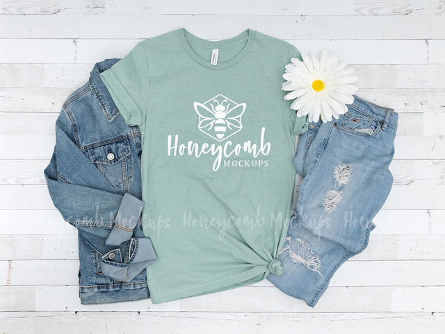 Heather Prism Dusty Blue Bella Canvas 3001 Mockup, T-Shirt Mockup Mock Up Photo Honeycomb Mockups 