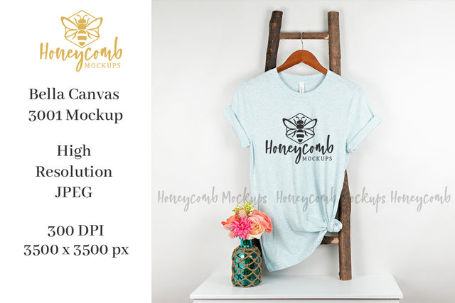 Heather Prism Ice Blue Bella Canvas 3001 Mockup, Hanging Ladder Mockup, Women's T-Shirt Mockup Mock Up Photo Honeycomb Mockups 