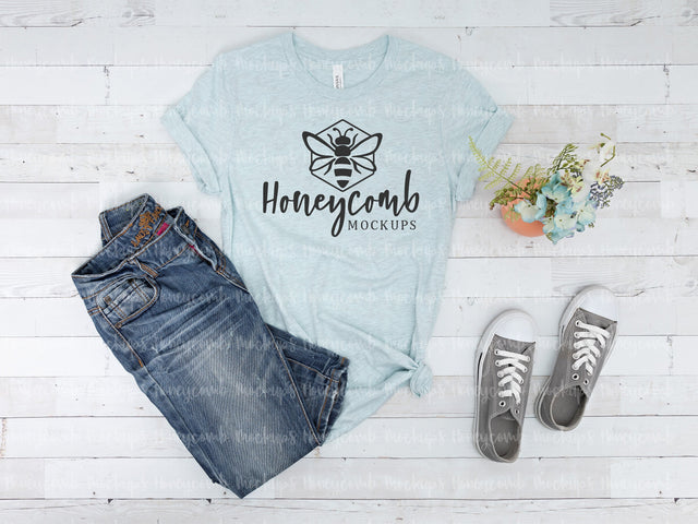 Heather Prism Ice Blue Bella Canvas 3001, T-Shirt Mockup Mock Up Photo Honeycomb Mockups 