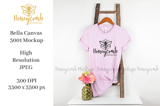 Heather Prism Lilac Bella Canvas 3001 Mockup, Hanging Ladder Mockup, Women's T-Shirt Mockup Mock Up Photo Honeycomb Mockups 