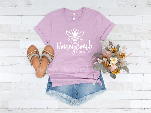 Heather Prism Lilac Bella Canvas 3001 Mockup, Women's T-shirt Mockup Mock Up Photo Honeycomb Mockups 