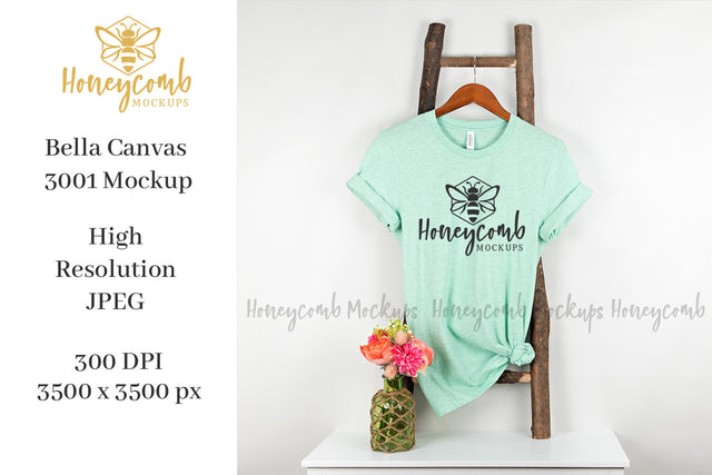 Heather Prism Mint Bella Canvas 3001 Mockup, Hanging Ladder Mockup, Women's T-Shirt Mockup Mock Up Photo Honeycomb Mockups 