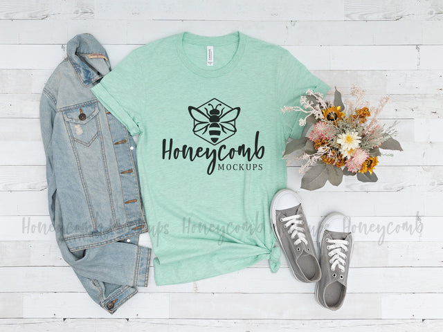 Heather Prism Mint Bella Canvas 3001 Mockup, Women's T-Shirt Mockup Mock Up Photo Honeycomb Mockups 