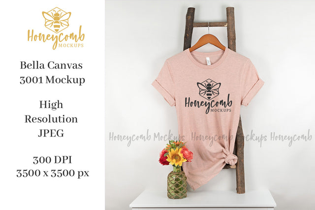 Heather Prism Peach Bella Canvas 3001 Mockup, Hanging Ladder Mockup, Women's T-Shirt Mockup Mock Up Photo Honeycomb Mockups 