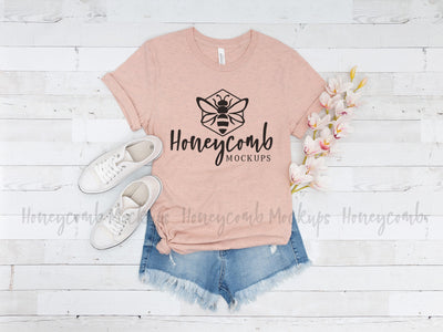 Heather Prism Peach Bella Canvas 3001 Mockup, Women's Summertime T-Shirt Mockup Mock Up Photo Honeycomb Mockups 