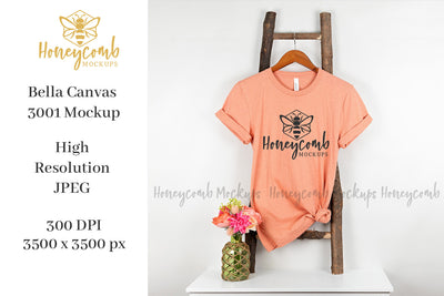 Heather Prism Sunset Bella Canvas 3001 Mockup, Hanging Ladder Mockup, Women's T-Shirt Mockup Mock Up Photo Honeycomb Mockups 