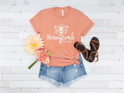 Heather Prism Sunset Bella Canvas 3001 Mockup, Summer T-Shirt Mockup, Spring Mockup, T-Shirt Mockup with Flowers Mock Up Photo Honeycomb Mockups 