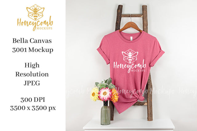 Heather Raspberry Bella Canvas 3001 Mockup, Hanging Ladder Mockup, Women's T-Shirt Mockup Mock Up Photo Honeycomb Mockups 