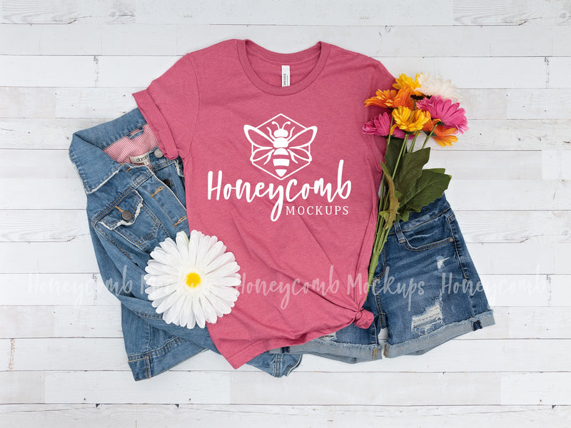 Heather Raspberry Bella Canvas 3001 Mockup, Pink T-Shirt Mockup - So Fontsy
