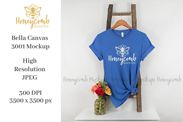 Heather True Royal Bella Canvas 3001 Mockup, Hanging Ladder Mockup, Women's T-Shirt Mockup Mock Up Photo Honeycomb Mockups 