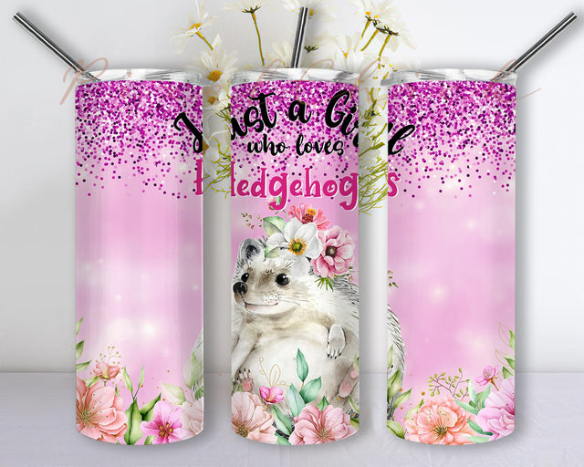 Hedgehog Coffee 20oz Skinny Tumbler Png, Just A Girl Who Loves Hedgehogs Glitter Tumbler, Cute Animal Print Mug Flowers, Pink Glitter Tumbler Sublimation PixelChick 