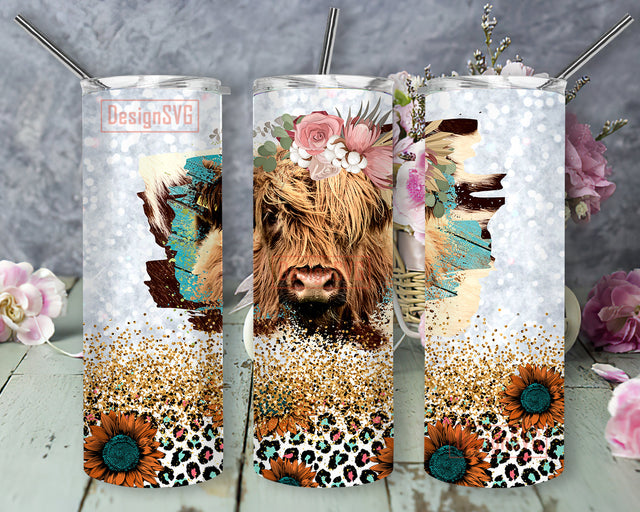 Heifer Cow Floral Tumbler Design, Sunflower Leopard 20oz Skinny Tumbler, Leopard Glitter Tumbler Wrap, Cow Sublimation Design, Instant Download Sublimation DesignSVG 