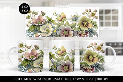 Hellebores Mug Sublimation Design - Floral Mug Wrap PNG Sublimation BijouBay 