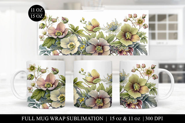 Hellebores Mug Sublimation Design - Floral Mug Wrap PNG Sublimation BijouBay 