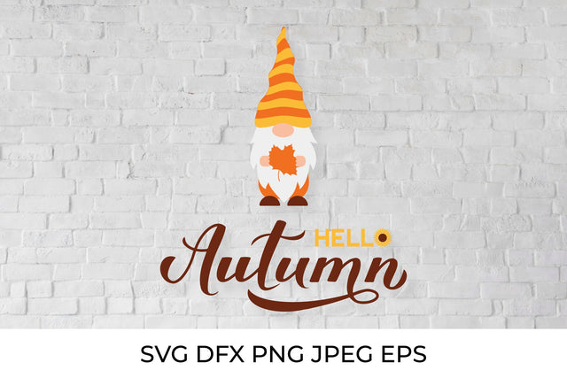 Hello autumn. Fall gnome holding maple leaf. SVG LaBelezoka 