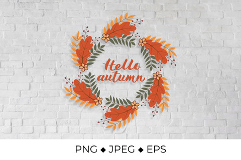 Hello Autumn lettering in wreath of colorful leaves and flowers Sublimation LaBelezoka 