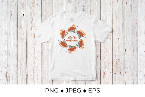 Hello Autumn lettering in wreath of colorful leaves and flowers Sublimation LaBelezoka 