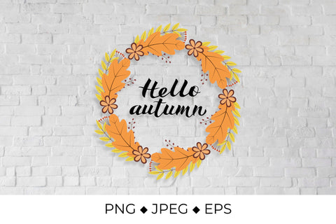 Hello Autumn lettering in wreath with colorful leaves and flowers Sublimation LaBelezoka 