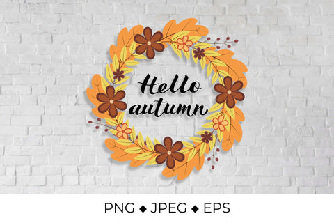 Hello Autumn lettering in wreath with colorful leaves and flowers Sublimation LaBelezoka 