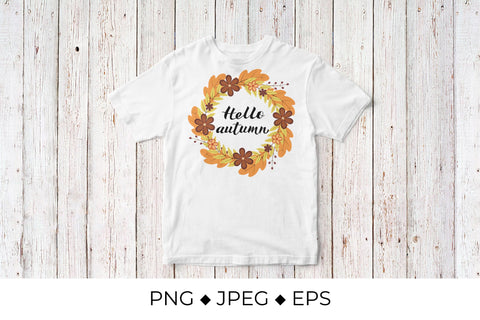 Hello Autumn lettering in wreath with colorful leaves and flowers Sublimation LaBelezoka 