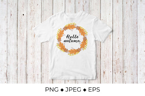 Hello Autumn lettering in wreath with colorful leaves and flowers Sublimation LaBelezoka 