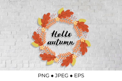 Hello Autumn lettering in wreath with colorful leaves and flowers Sublimation LaBelezoka 
