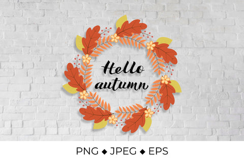 Hello Autumn lettering in wreath with colorful leaves and flowers Sublimation LaBelezoka 