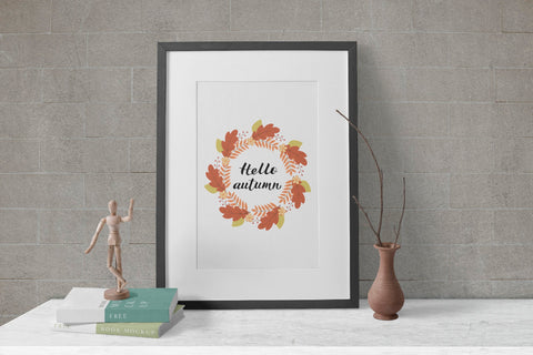 Hello Autumn lettering in wreath with colorful leaves and flowers Sublimation LaBelezoka 