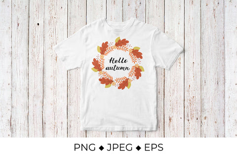 Hello Autumn lettering in wreath with colorful leaves and flowers Sublimation LaBelezoka 