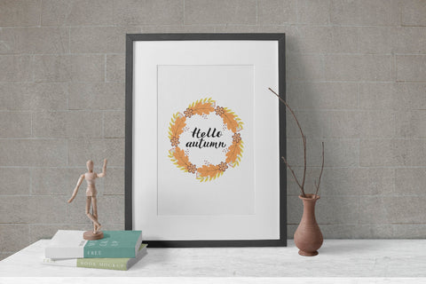 Hello Autumn lettering in wreath with colorful leaves and flowers Sublimation LaBelezoka 