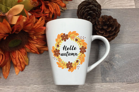 Hello Autumn lettering in wreath with colorful leaves and flowers Sublimation LaBelezoka 