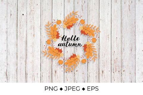 Hello Autumn lettering in wreath with colorful leaves and pumpkins Sublimation LaBelezoka 
