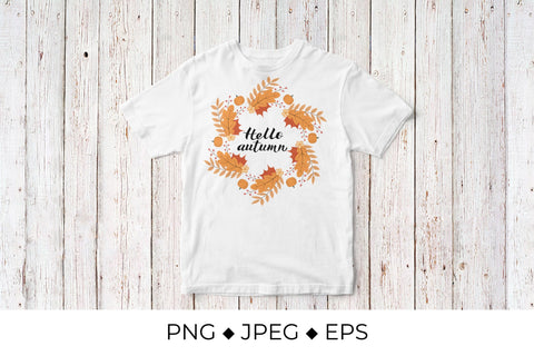 Hello Autumn lettering in wreath with colorful leaves and pumpkins Sublimation LaBelezoka 