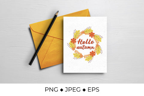 Hello Autumn quote in wreath with colorful leaves and flowers Sublimation LaBelezoka 