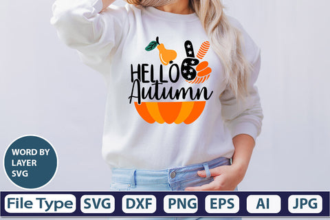 Hello Autumn SVG Cut File SVGs,quotes-and-sayings,food-drink mini-bundles,print-cut,on-sale Clipart Clip Art Sublimation or Vinyl Shirt Design SVG DesignPlante 503 
