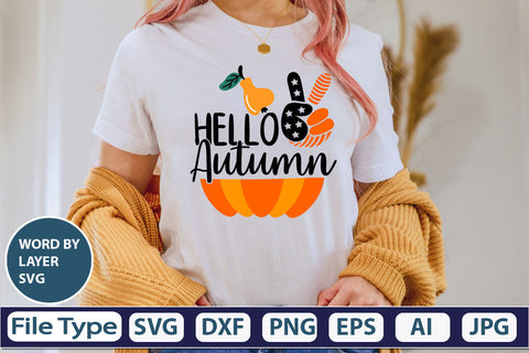 Hello Autumn SVG Cut File SVGs,quotes-and-sayings,food-drink mini-bundles,print-cut,on-sale Clipart Clip Art Sublimation or Vinyl Shirt Design SVG DesignPlante 503 