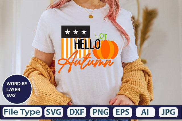 Hello Autumn SVG Cut File SVGs,quotes-and-sayings,food-drink mini-bundles,print-cut,on-sale Clipart Clip Art Sublimation or Vinyl Shirt Design SVG DesignPlante 503 