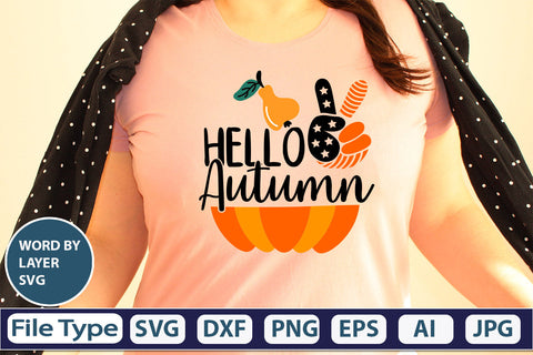 Hello Autumn SVG Cut File SVGs,quotes-and-sayings,food-drink mini-bundles,print-cut,on-sale Clipart Clip Art Sublimation or Vinyl Shirt Design SVG DesignPlante 503 