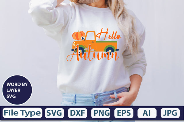 Hello Autumn SVG Cut File SVGs,quotes-and-sayings,food-drink mini-bundles,print-cut,on-sale Clipart Clip Art Sublimation or Vinyl Shirt Design SVG DesignPlante 503 