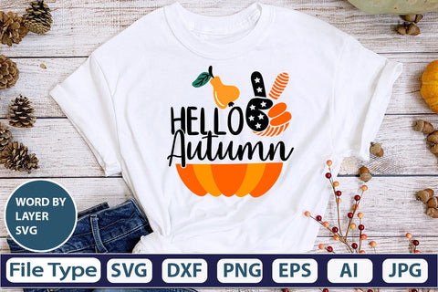 Hello Autumn SVG Cut File SVGs,quotes-and-sayings,food-drink mini-bundles,print-cut,on-sale Clipart Clip Art Sublimation or Vinyl Shirt Design SVG DesignPlante 503 