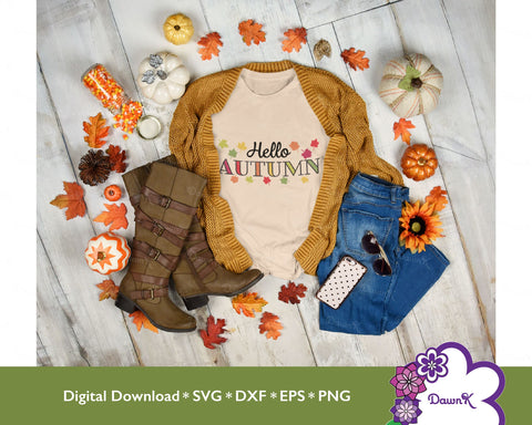 Hello Autumn SVG | Fall Leaves in Greens, Yellows, Orange, and Reds SVG DawnKDesigns 