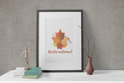 Hello Autumn written with brush. Bunch with colorful leaves and flowers Sublimation LaBelezoka 