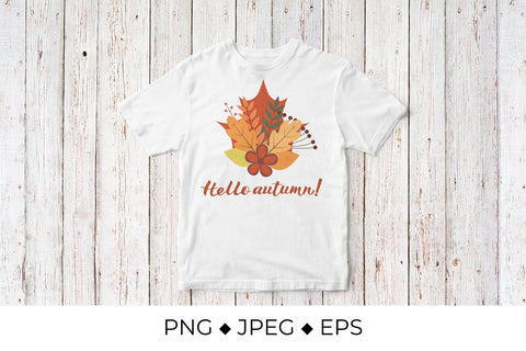 Hello Autumn written with brush. Bunch with colorful leaves and flowers Sublimation LaBelezoka 