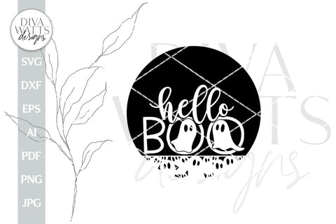 Hello Boo SVG Halloween Door Hanger Ghost SVG Halloween Door Hanger Ghost Round Sign SVG Cute Ghost svg Welcome Halloween svg Ghost svg SVG Diva Watts Designs 