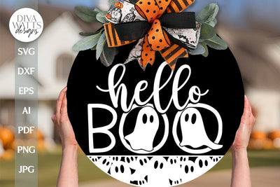 Hello Boo SVG Halloween Door Hanger Ghost SVG Halloween Door Hanger Ghost Round Sign SVG Cute Ghost svg Welcome Halloween svg Ghost svg SVG Diva Watts Designs 