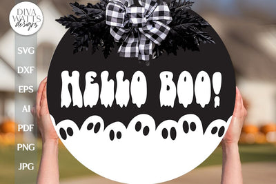 Hello Boo SVG Halloween Ghost Door Hanger SVG For Fall Halloween Ghost Door Sign With Ghosts For Halloween Decor Boo Sign svg For Door SVG Diva Watts Designs 