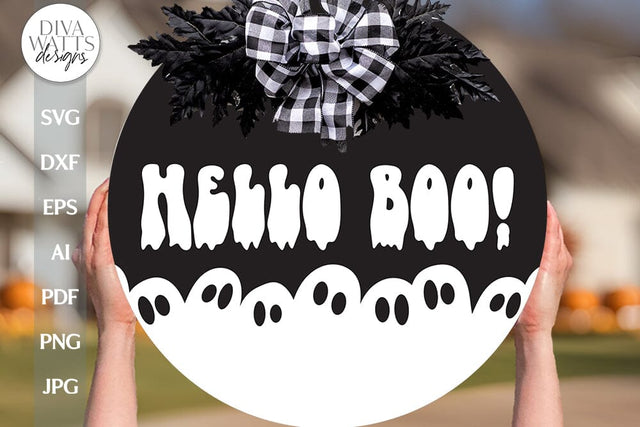 Hello Boo SVG Halloween Ghost Door Hanger SVG For Fall Halloween Ghost Door Sign With Ghosts For Halloween Decor Boo Sign svg For Door SVG Diva Watts Designs 