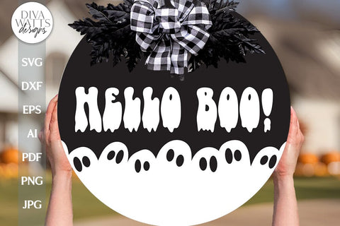 Hello Boo SVG Halloween Ghost Door Hanger SVG For Fall Halloween Ghost Door Sign With Ghosts For Halloween Decor Boo Sign svg For Door SVG Diva Watts Designs 