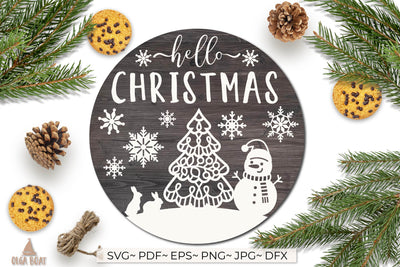 Hello Christmas door sign with Snowman Christmas tree Rabbit SVG Olga Boat Design 