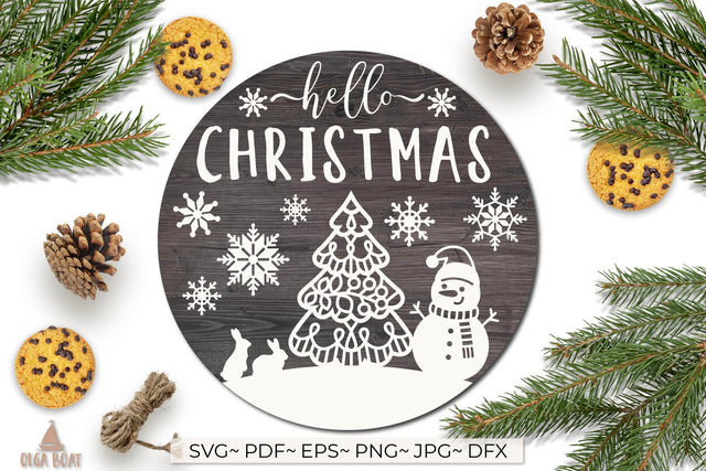 Hello Christmas door sign with Snowman Christmas tree Rabbit SVG Olga Boat Design 